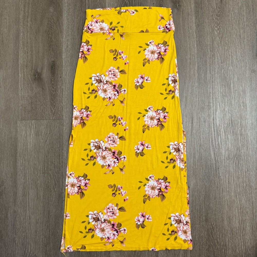 rue21 Floral Maxi Skirt Women Medium Yellow Pink High Waist Double Slit Stretch